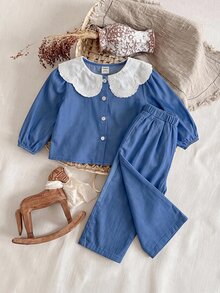 SHEIN LMoss Kids LMoss Baby Girl Baby Girl Winter Embroidered Peter Pan Collar Fashionable Outfit 2pcs/Set - Blue - View 1