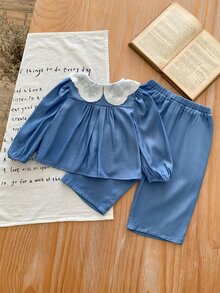 SHEIN LMoss Kids LMoss Baby Girl Baby Girl Winter Embroidered Peter Pan Collar Fashionable Outfit 2pcs/Set - Blue - View 2