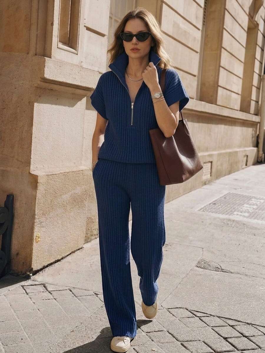 Cévolie Women's 2 Pieces Knit Set With Stand Collar Half-Zip And Ribbed Knit, Loose Short Sleeve Top And High-Waisted Draped Wide Leg Pants, Casual Home, Weekend Outing, Holiday Commute Versatile Minimalist Knit Outfit - Navy Blue - View 1