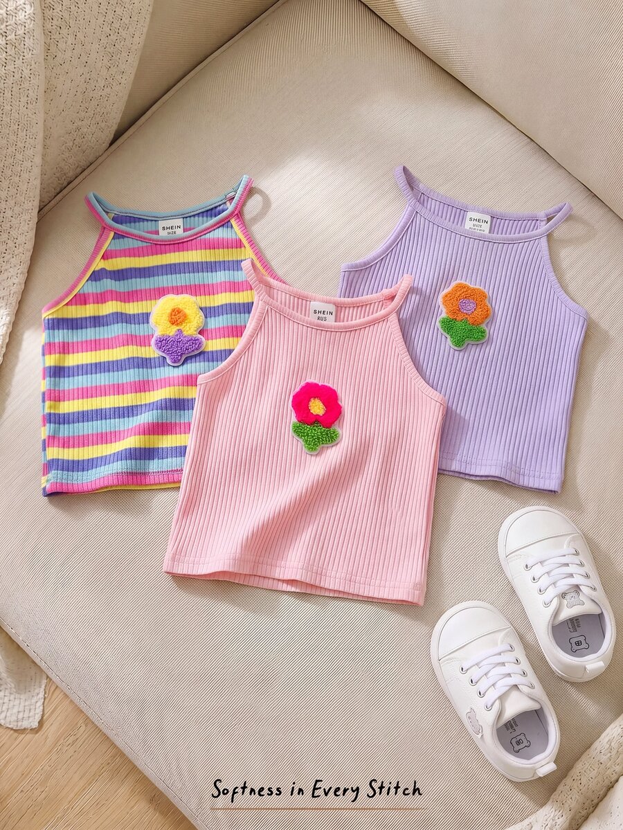SHEIN LMoss Kids 3件套女婴针织纯色3D立体花卉条纹套头衫套装 - 彩色 - 查看 1