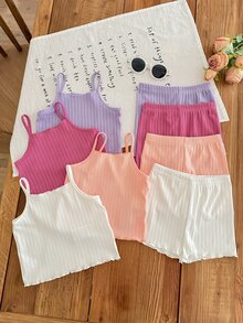 SHEIN LMoss Kids 8pcs/Set Baby Girl Casual Solid Color Knitted Camisole Top & Shorts - Multicolor - View 3