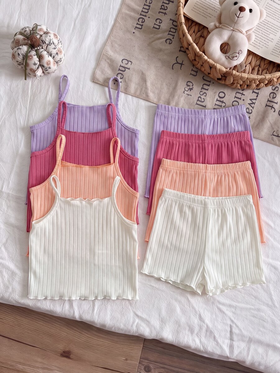 SHEIN LMoss Kids 8pcs/Set Baby Girl Casual Solid Color Knitted Camisole Top & Shorts - Multicolor - View 1
