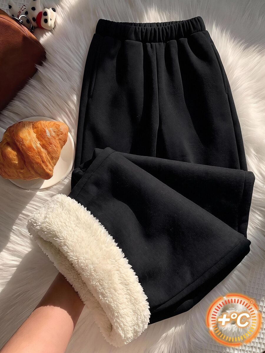 SHEIN 青少年女孩保暖內裡休閒寬鬆低腰抽繩腰鬆弛款 - 黑與白 - 查看 1