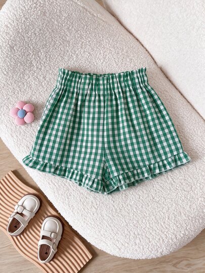 SHEIN LMoss Kids LMoss Young Girl Young Girl's Loose Fit Casual Plaid Woven Shorts