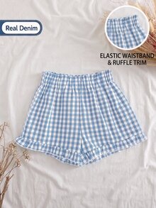SHEIN LMoss Kids Babygirl 夏季可爱百搭蓝白格子松紧腰短裤 - 藍色 - 查看 1