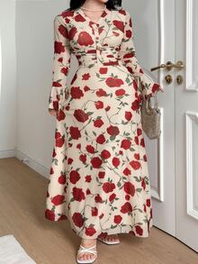 Feyla Plus Size Elegant Commuter Floral Print Dress - Multicolor - View 6