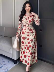 Feyla Plus Size Elegant Commuter Floral Print Dress - Multicolor - View 1