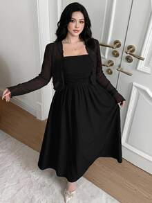 Feyla Plus Size Women Solid Color Pleated Cami Dress And Cardigan Casual 2 Pieces Set - Black - View 1