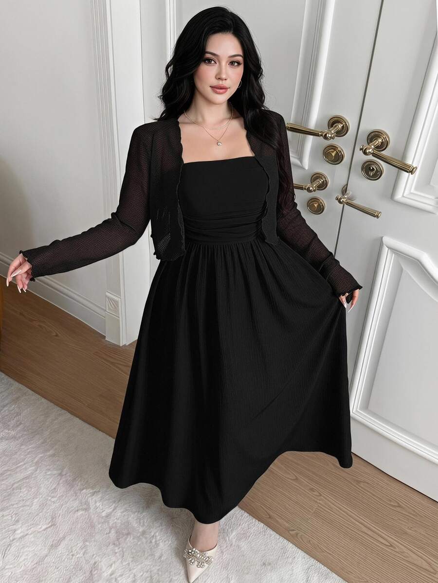 Feyla Plus Size Women Solid Color Pleated Cami Dress And Cardigan Casual 2 Pieces Set - Black - View 1