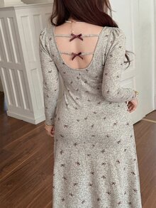 Feyla Plus Size Women's Fashion Bow Decor Square Neck Short Sleeve Dress Brunch Formal Tea Party Light Blue Fall Elegant Cute 1920 Vintage - Multicolor - View 2