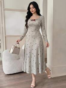 Feyla Plus Size Women's Fashion Bow Decor Square Neck Short Sleeve Dress Brunch Formal Tea Party Light Blue Fall Elegant Cute 1920 Vintage - Multicolor - View 1