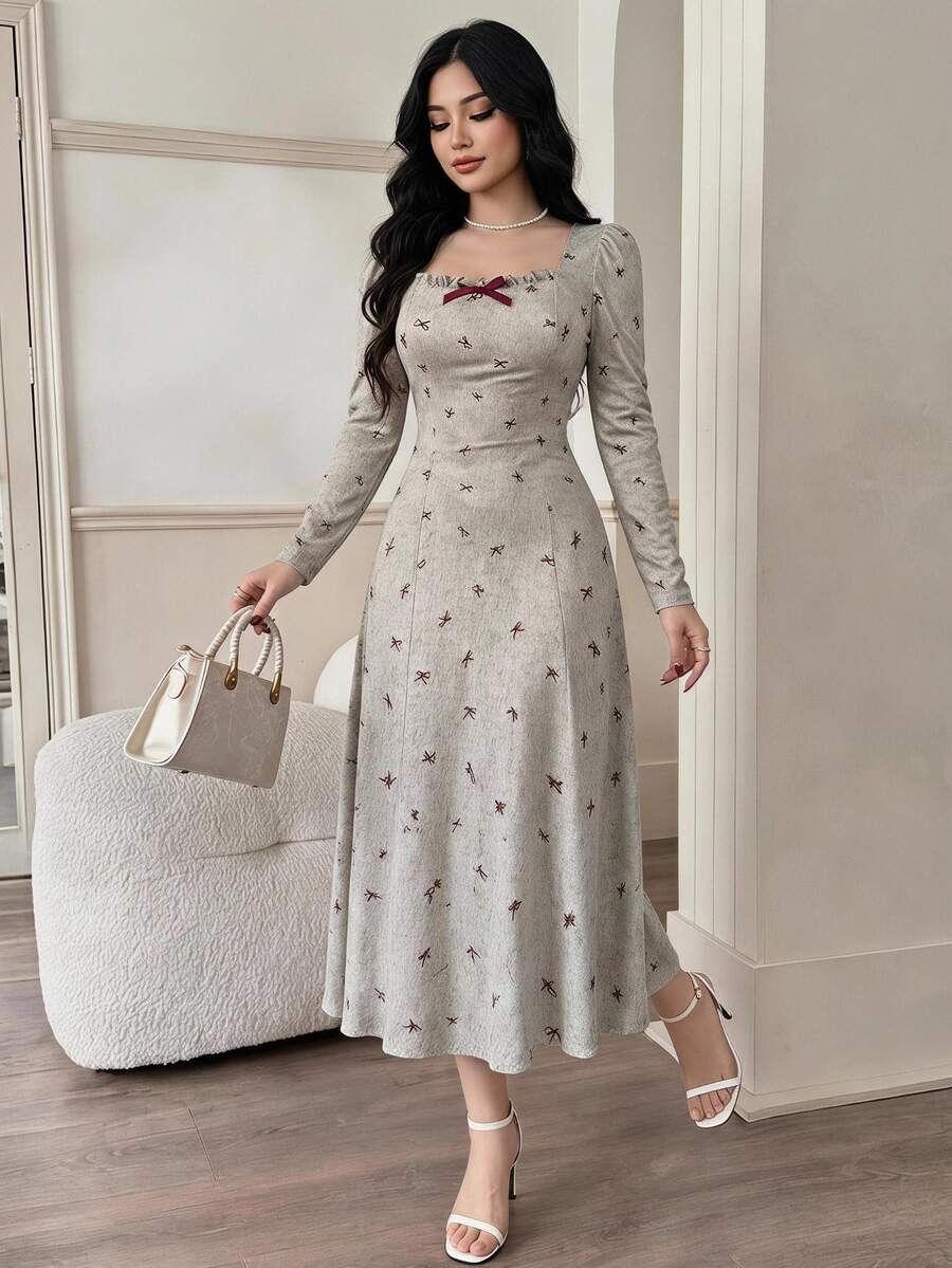 Feyla Plus Size Women's Fashion Bow Decor Square Neck Short Sleeve Dress Brunch Formal Tea Party Light Blue Fall Elegant Cute 1920 Vintage - Multicolor - View 1