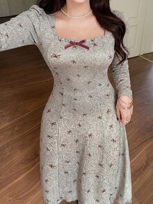 Feyla Plus Size Women's Fashion Bow Decor Square Neck Short Sleeve Dress Brunch Formal Tea Party Light Blue Fall Elegant Cute 1920 Vintage - Multicolor - View 5