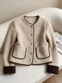 Franclia Women's Fashionable Elegant Colorblock Wool Blend Coat For Daily Wear - Khaki - View 4