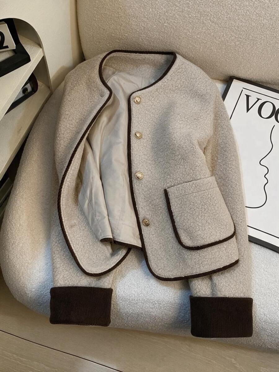 Franclia Women's Fashionable Elegant Colorblock Wool Blend Coat For Daily Wear - Khaki - View 1