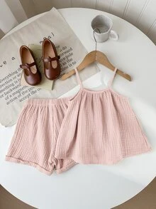 SHEIN LMoss Kids Summer Young Girl Minimalist Casual Spaghetti Strap Loose Tank Top & Fringed Hem Shorts 2Pcs Set - Pink - View 2