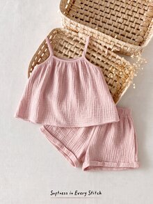 SHEIN LMoss Kids Summer Young Girl Minimalist Casual Spaghetti Strap Loose Tank Top & Fringed Hem Shorts 2Pcs Set - Pink - View 1