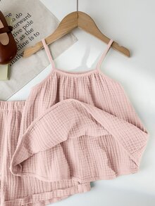 SHEIN LMoss Kids Summer Young Girl Minimalist Casual Spaghetti Strap Loose Tank Top & Fringed Hem Shorts 2Pcs Set - Pink - View 6