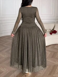 Feyla Plus Size Elegant Pleated Lace Patchwork Glitter Dress - Grey - View 2