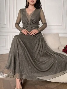 Feyla Plus Size Elegant Pleated Lace Patchwork Glitter Dress - Grey - View 6