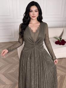 Feyla Plus Size Elegant Pleated Lace Patchwork Glitter Dress - Grey - View 1