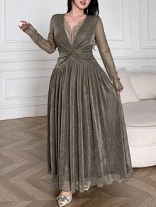 Feyla Plus Size Elegant Pleated Lace Patchwork Glitter Dress - Grey - View 4