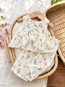 SHEIN LMoss Kids 女婴碎花背心和裤子两件套 - 白色 - 查看 1