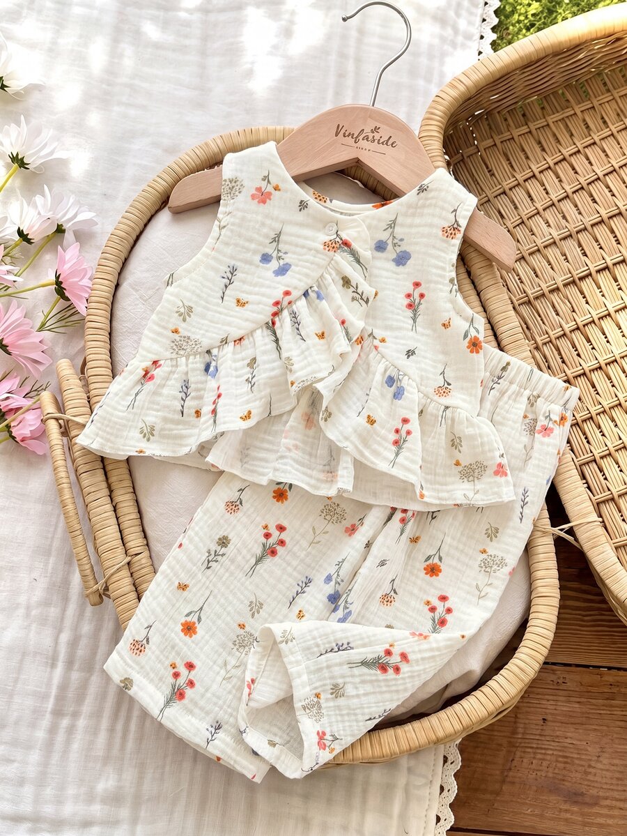 SHEIN LMoss Kids 女婴碎花背心和裤子两件套 - 白色 - 查看 1