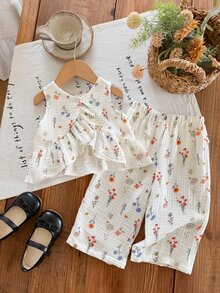 SHEIN LMoss Kids 女婴碎花背心和裤子两件套 - 白色 - 查看 6