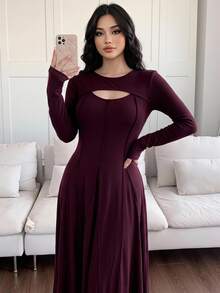 Feyla Plus Size Elegant Cutout Sexy Long Sleeve Sophisticated Dress - Burgundy - View 1