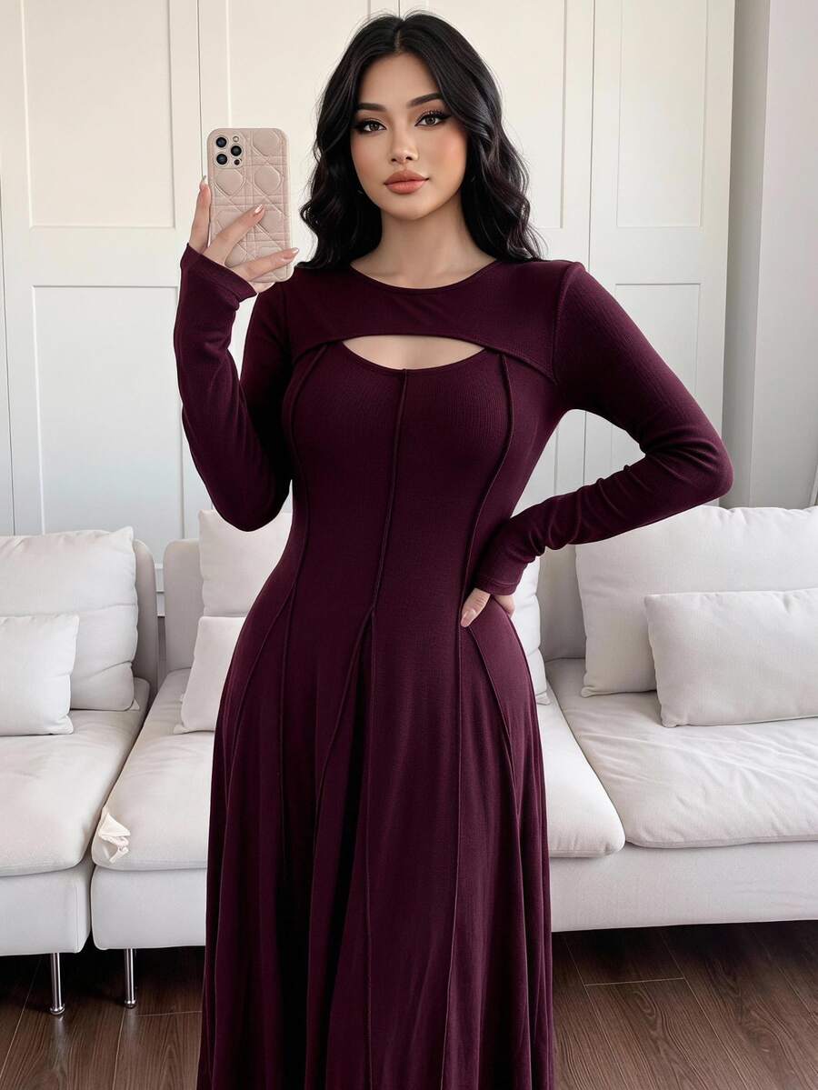 Feyla Plus Size Elegant Cutout Sexy Long Sleeve Sophisticated Dress - Burgundy - View 1