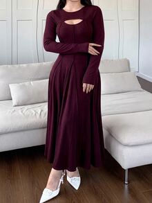 Feyla Plus Size Elegant Cutout Sexy Long Sleeve Sophisticated Dress - Burgundy - View 3