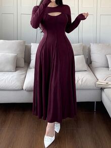 Feyla Plus Size Elegant Cutout Sexy Long Sleeve Sophisticated Dress - Burgundy - View 5