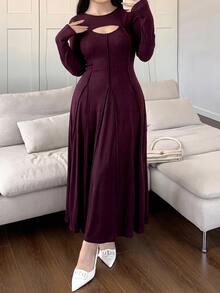 Feyla Plus Size Elegant Cutout Sexy Long Sleeve Sophisticated Dress - Burgundy - View 4
