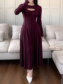 Feyla Plus Size Elegant Cutout Sexy Long Sleeve Sophisticated Dress - Burgundy - View 6