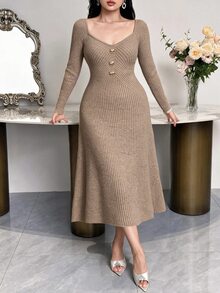 Feyla Plus Size Women's Metal Decor Long Sleeve Elegant Knit Dress - Khaki - View 4