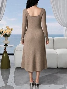 Feyla Plus Size Women's Metal Decor Long Sleeve Elegant Knit Dress - Khaki - View 2