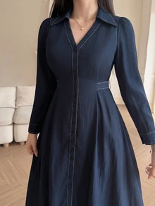 Feyla Plus Size Elegant Casual Commuter Front Button Dress Brunch Office Evening Navy Blue Fall - Navy Blue - View 4