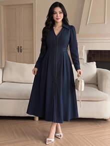 Feyla Plus Size Elegant Casual Commuter Front Button Dress Brunch Office Evening Navy Blue Fall - Navy Blue - View 1