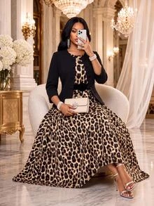 SHEIN Lady Women Elegant Black Leopard Print Jacket Dress 2 Pieces Set Fall Winter Church Dinner Wedding Party Office Work Christmas Going Out Birthday Beige - Multicolor - View 4