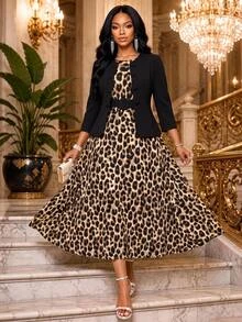 SHEIN Lady Women Elegant Black Leopard Print Jacket Dress 2 Pieces Set Fall Winter Church Dinner Wedding Party Office Work Christmas Going Out Birthday Beige - Multicolor - View 1