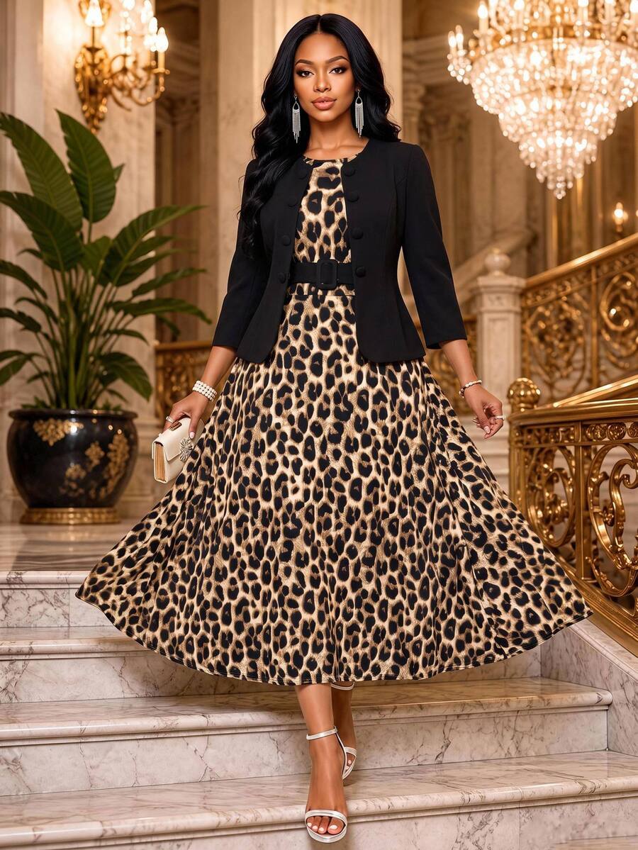 SHEIN Lady Women Elegant Black Leopard Print Jacket Dress 2 Pieces Set Fall Winter Church Dinner Wedding Party Office Work Christmas Going Out Birthday Beige - Multicolor - View 1