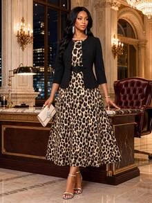 SHEIN Lady Women Elegant Black Leopard Print Jacket Dress 2 Pieces Set Fall Winter Church Dinner Wedding Party Office Work Christmas Going Out Birthday Beige - Multicolor - View 5