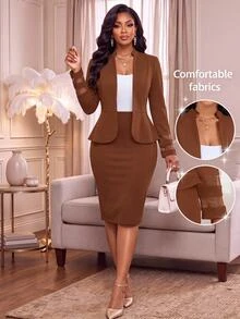 SHEIN Lady 女款棕色系長袖開襟荷葉邊西裝外套與鉛筆裙優雅休閒套裝，商務辦公職場秋季感恩節穿搭 - 棕色 - 查看 1