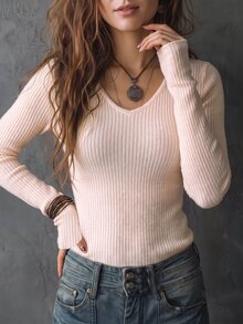 SHEIN LUNE 女款素色羅紋V領長袖上衣，彈性修身貼身基礎打底T恤 - 杏色 - 查看 6