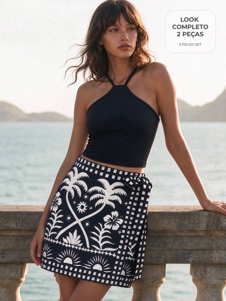 CAJUNI Black Halter Knit Top And Casual Tropical Summer Wrap Skirt Set – Sunny Palm Tree Print Vacation Beach - Black and White - View 1