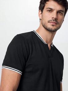 TekDrob Water Repellent & Stretchable Buttonsless Polo Shirt With Rib Stripped Details And Pique Texture - Black - View 1