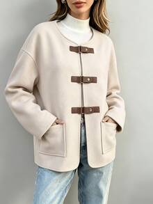 SHEIN Vintage Leather Buckle Round Neck Wool Short Jacket Women Loose Fit Big Pockets Dropped Shoulder Long Sleeve Overcoat - Apricot - View 4