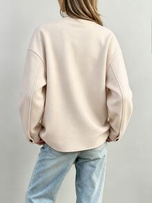SHEIN Vintage Leather Buckle Round Neck Wool Short Jacket Women Loose Fit Big Pockets Dropped Shoulder Long Sleeve Overcoat - Apricot - View 2