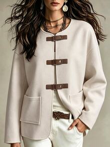 SHEIN Vintage Leather Buckle Round Neck Wool Short Jacket Women Loose Fit Big Pockets Dropped Shoulder Long Sleeve Overcoat - Apricot - View 7